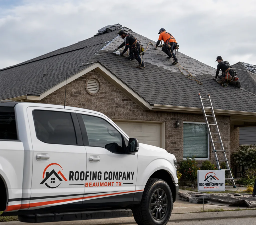 Roofing crew installing architectural shingles on a Beaumont, Texas home with safety gear and a clean jobsite