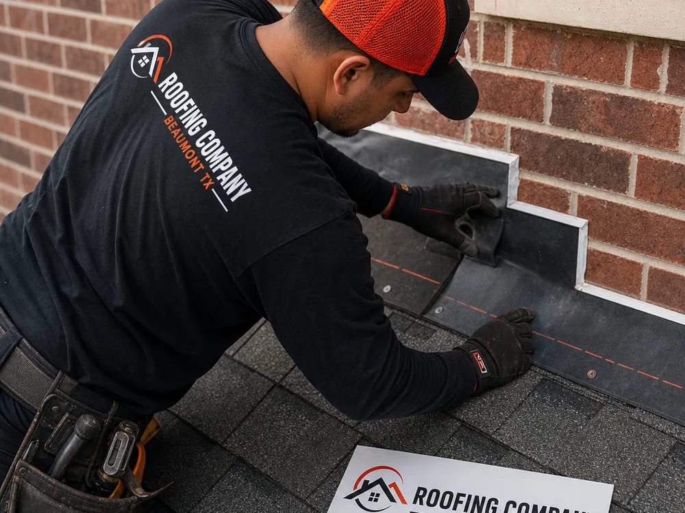 Roofer inspecting step flashing and underlayment at a roof-to-wall transition on a Beaumont home