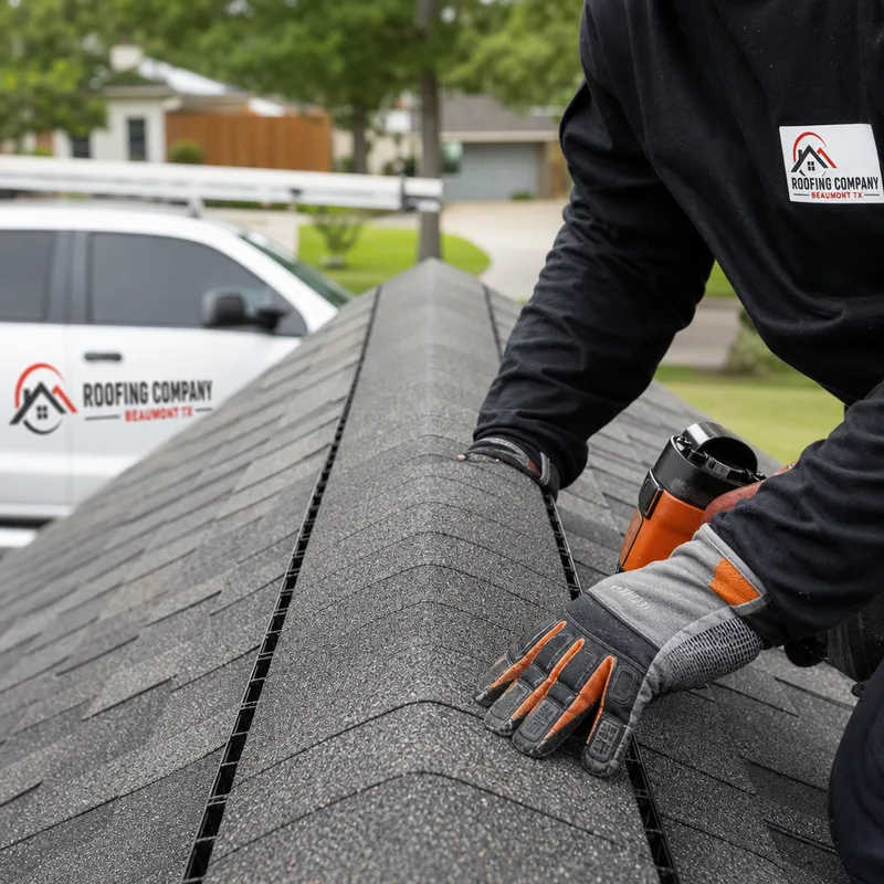 Cleanly installed ridge vent and aligned ridge cap shingles on an asphalt shingle roof