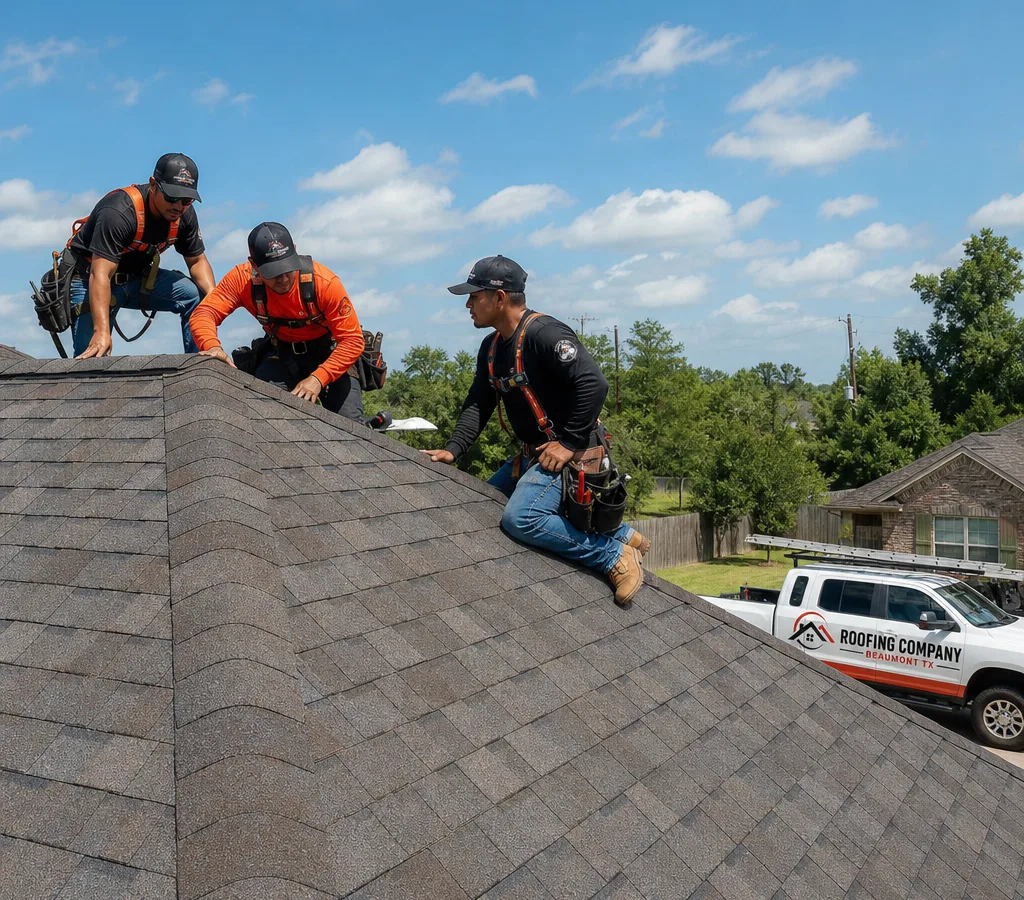 Roofing crew in safety gear inspecting a residential roof near the ridge line in Beaumont, Texas