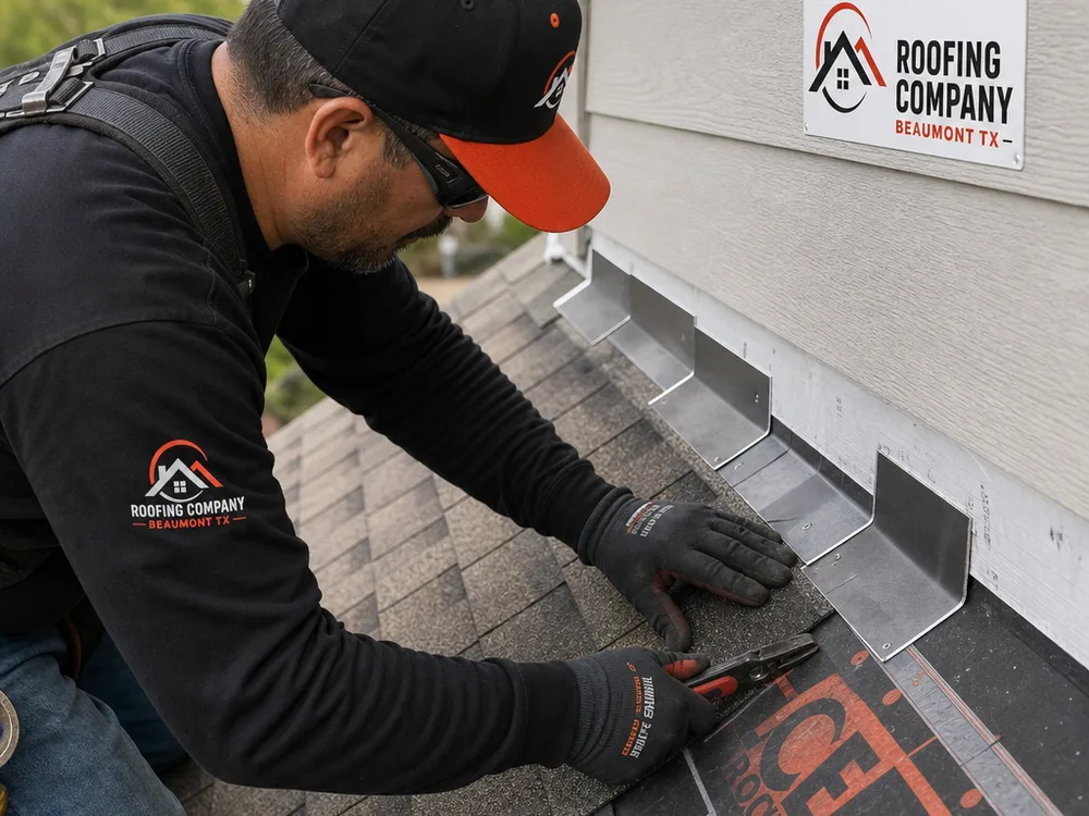 Step flashing and underlayment correctly layered at a roof-to-wall transition on a Beaumont home