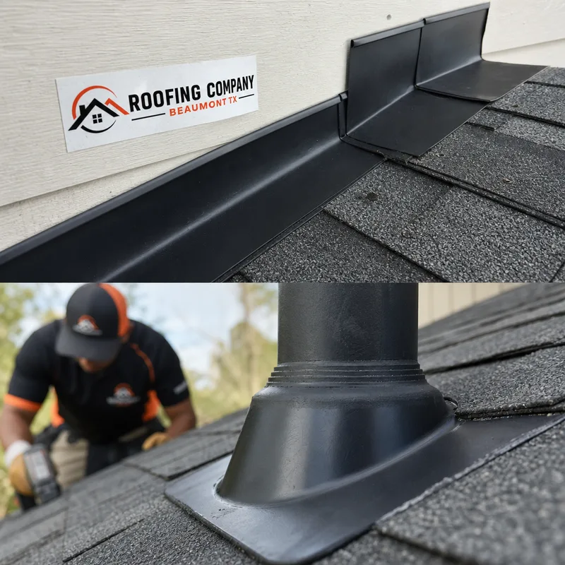 Correctly installed roof flashing at a wall transition and pipe boot with visible seal lines and shingle integration