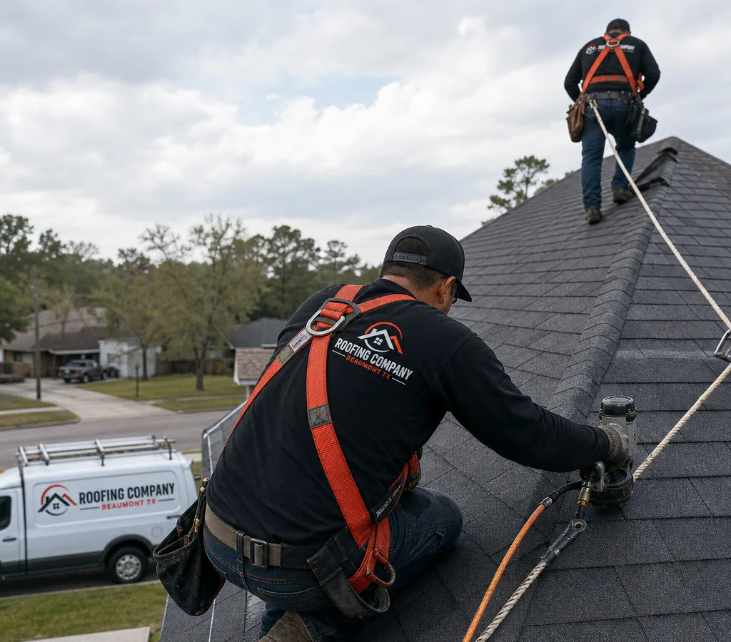 Roofing crew in Beaumont, Texas working on an asphalt shingle roof with safety harnesses and fall protection