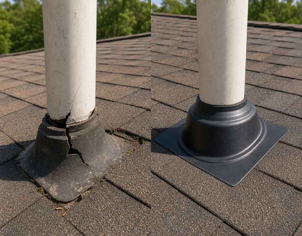 Before and after cracked vent pipe boot replacement with properly integrated flashing