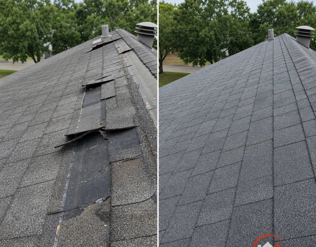 Before and after matching shingle repair replacing lifted tabs and covering exposed underlayment