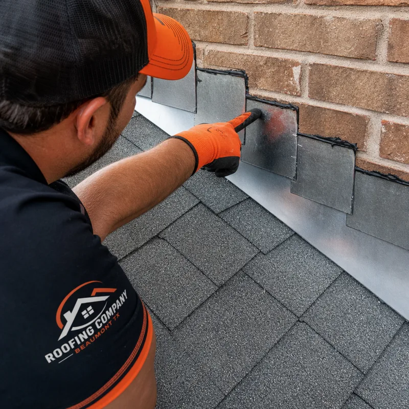 Technician pointing out correct shingle and step-flashing layers at a roof-to-wall transition