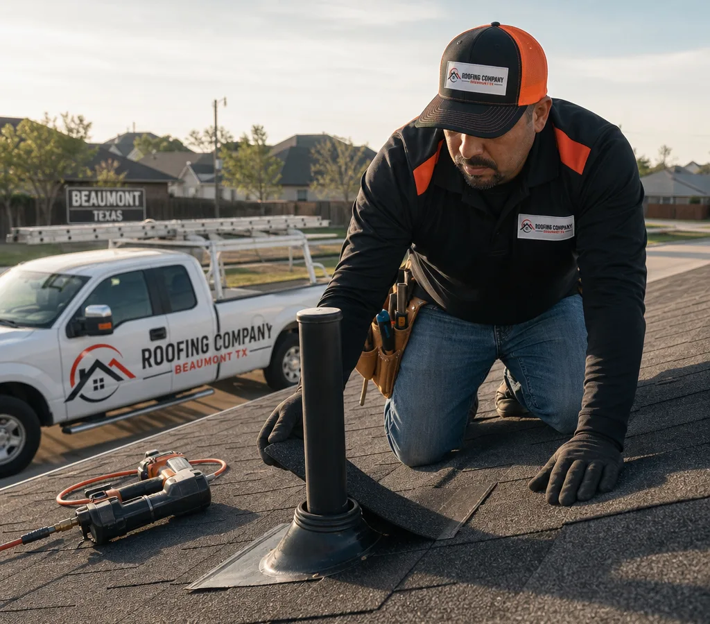 Roofing technician inspecting shingles and flashing near a vent pipe on a Beaumont home