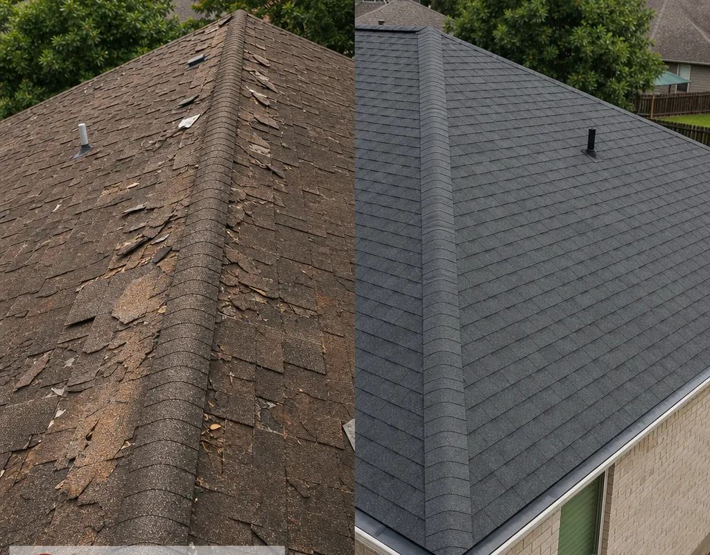 Split before-and-after view of a Beaumont home with worn curled shingles before and a newly installed architectural shingle roof after