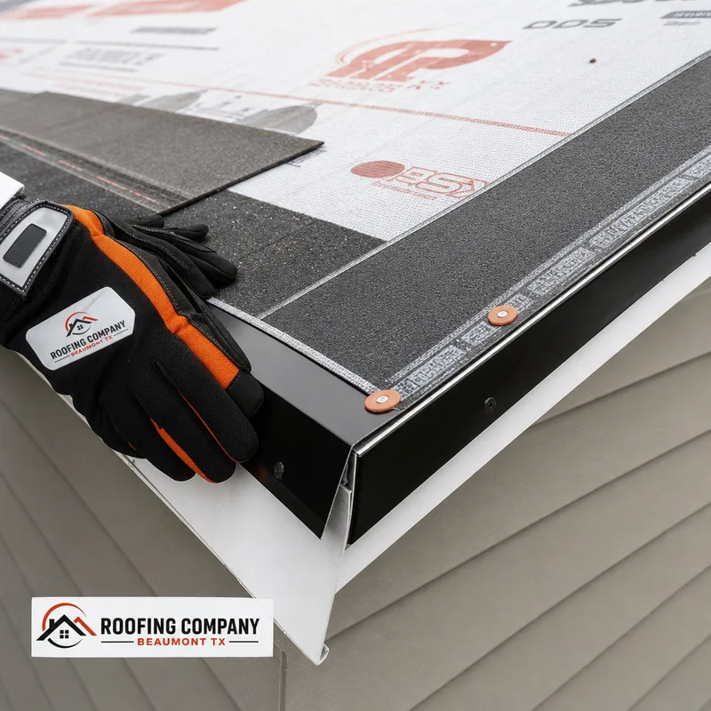 Close-up of a roof replacement showing synthetic underlayment, metal drip edge, starter strip, and properly overlapped flashing at an eave line