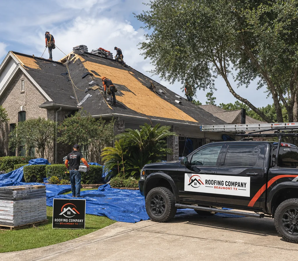A Beaumont home during a roof tear-off and replacement with a roofing crew staging materials neatly and protecting landscaping with tarps