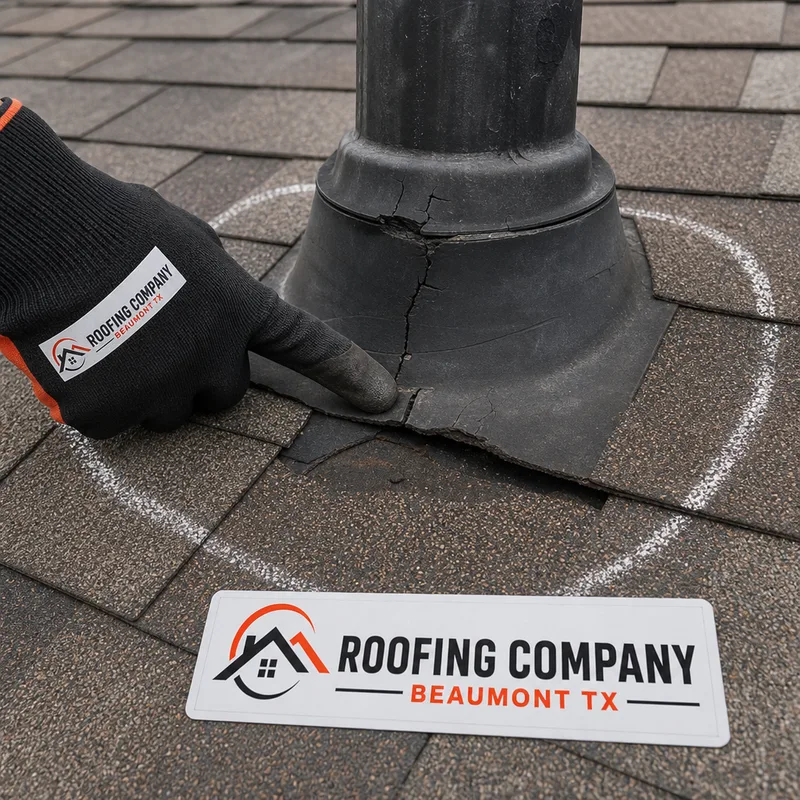 Cracked pipe boot and lifted shingles marked for emergency roof leak repair
