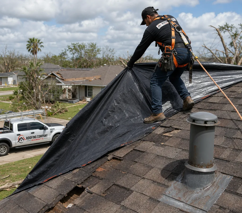 Beaumont roofing technician using fall protection while tarping storm-damaged shingles near a roof vent