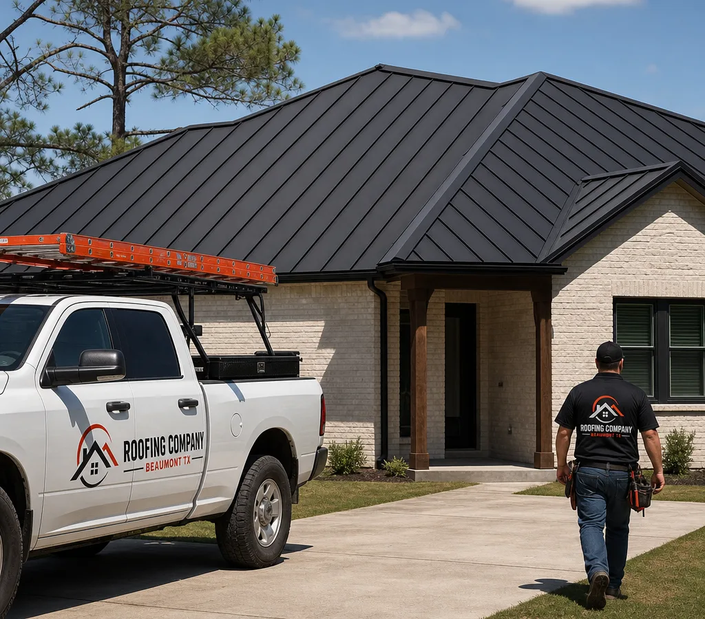Finished standing seam metal roof on a Beaumont-area home with straight panels, clean ridge detail, and neat edge flashing