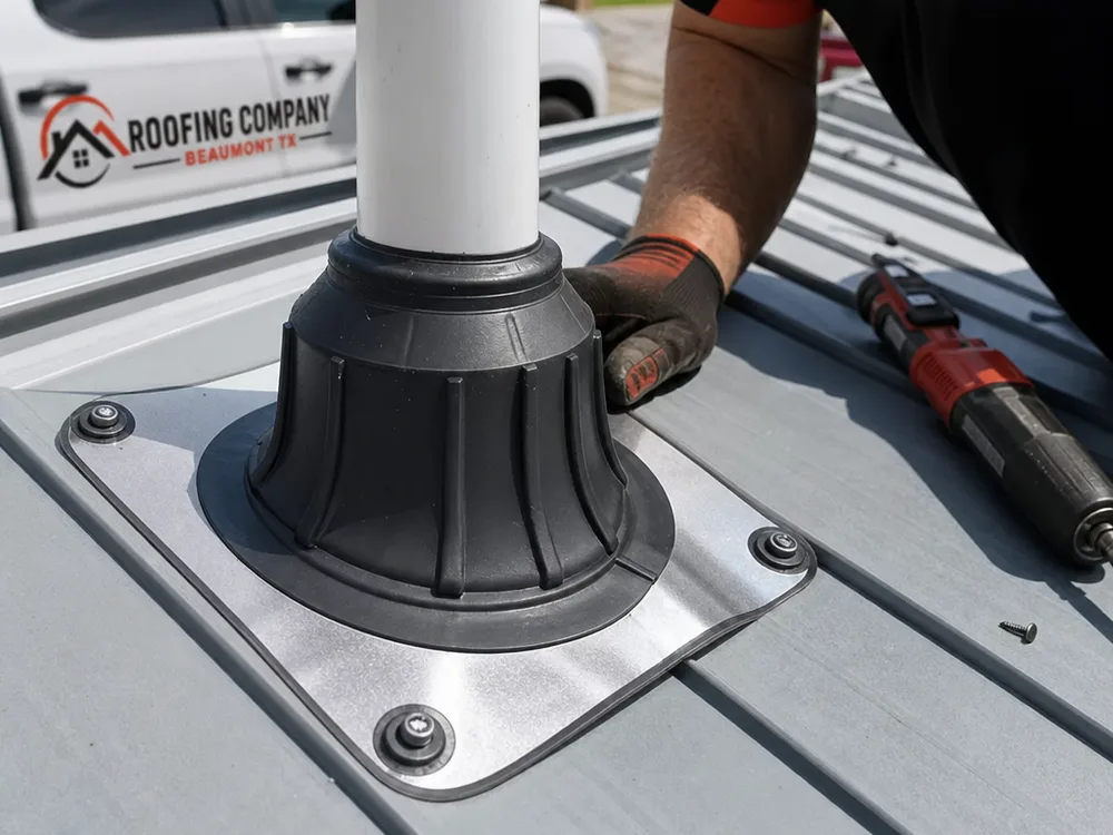 Metal roof penetration with a properly installed pipe boot, sealed fasteners, and clean flashing lines