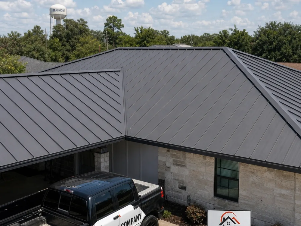 Finished standing seam roof with straight panel lines, clean ridge cap, and uniform color