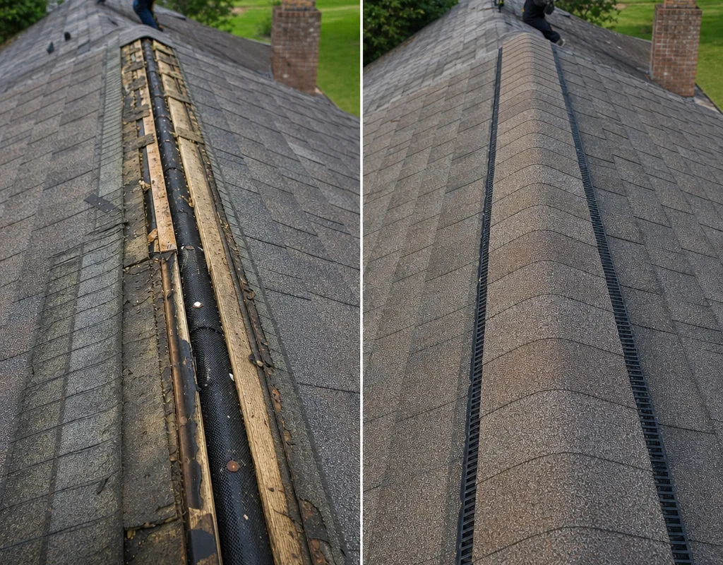 Missing ridge caps before repair and properly aligned replacement ridge caps afterward