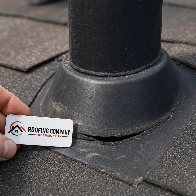 Damaged pipe boot flashing separated at the base after a storm