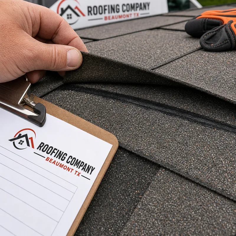 Wind-lifted asphalt shingles with a crease near the seal strip