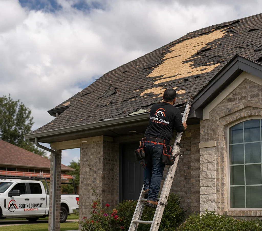 Beaumont home with missing shingles and exposed underlayment as a roofer documents storm damage