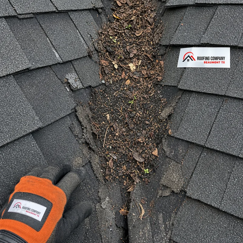 Roof valley with debris accumulation and shingle wear along the water path
