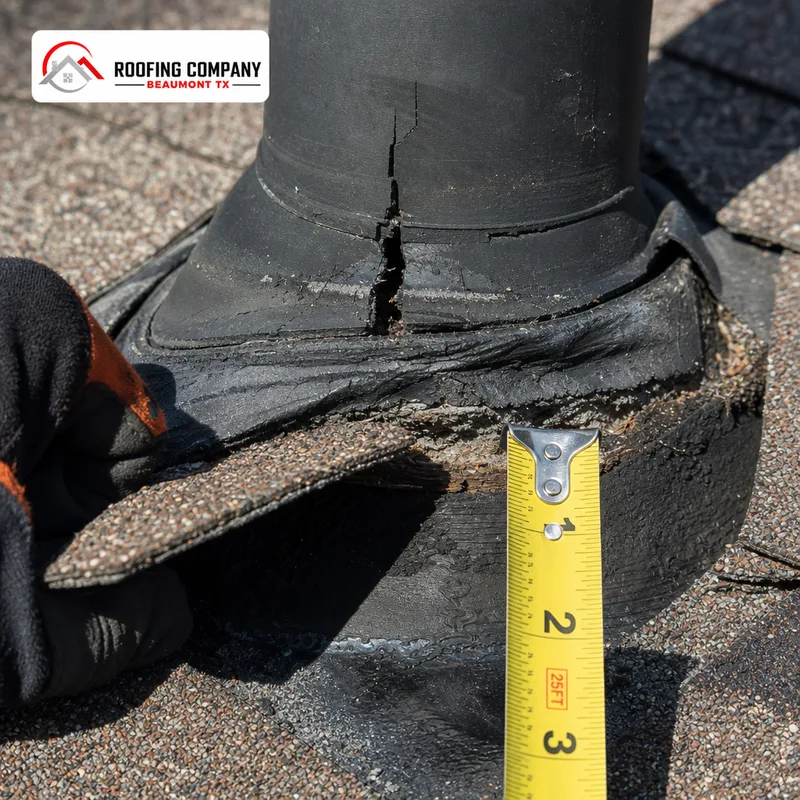 Cracked pipe boot flashing and a lifted shingle edge with nearby moisture staining