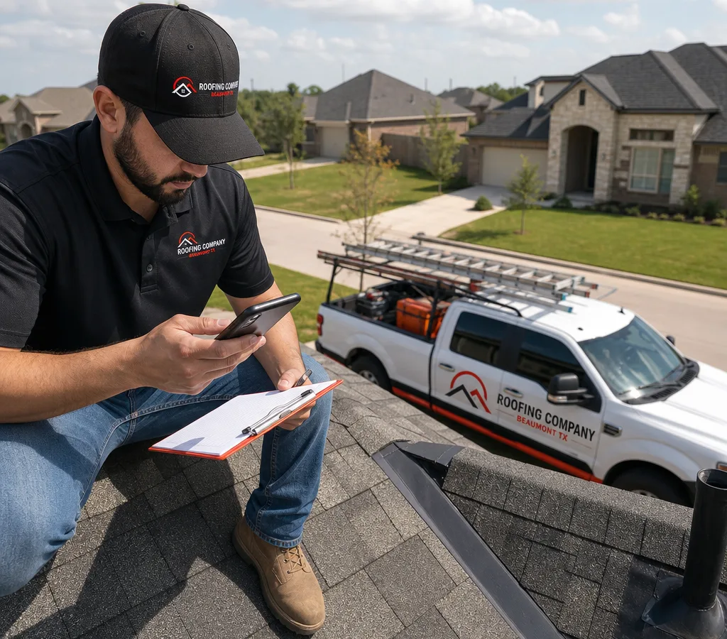 Inspector photographing shingles and flashing on a residential roof in Beaumont, Texas