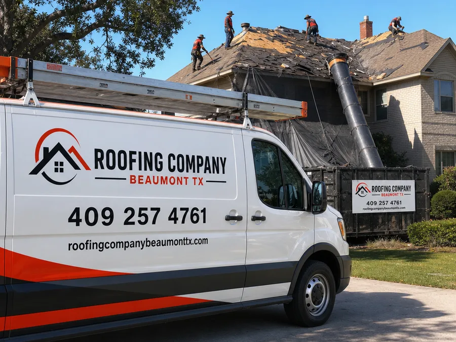 Roofing crew performing tear-off with tarps and a debris chute protecting a Beaumont residential property