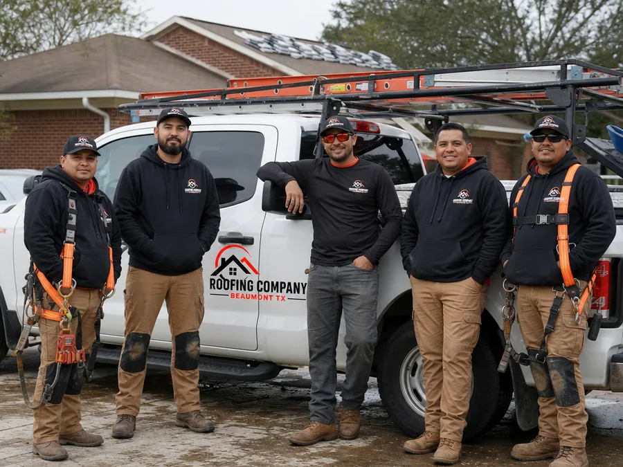 Roofing Company Beaumont TX team beside a work truck at a Beaumont jobsite with safety equipment